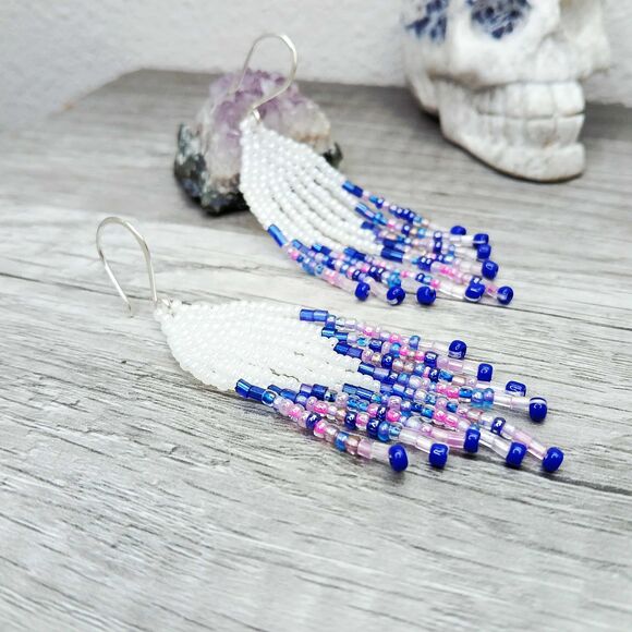 Boho Chic Beaded Fringe Cascade Shoulder Duster Dangle Earrings, Pink Blue White - Picture 3 of 6